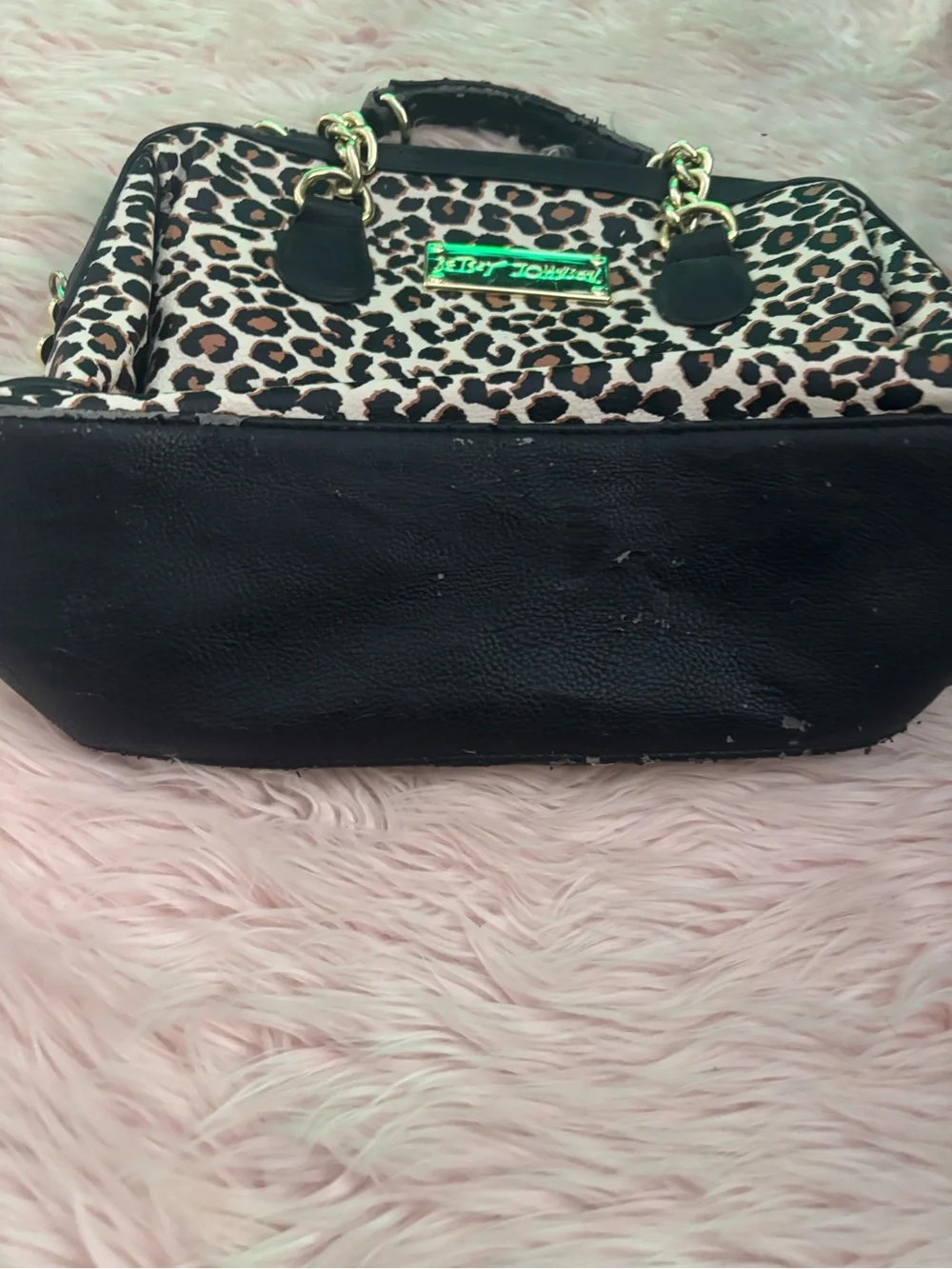Betsey Johnson Leopard Print Satchel in Brown and Black with Gold Chain Handles
